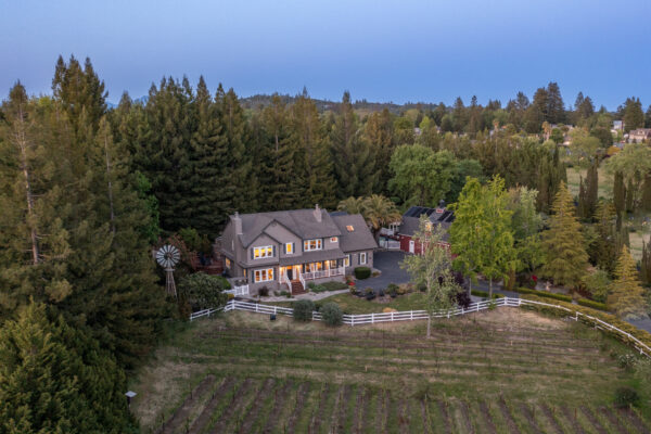 An aerial photograph via drone at twilight in Forestville Sonoma County California